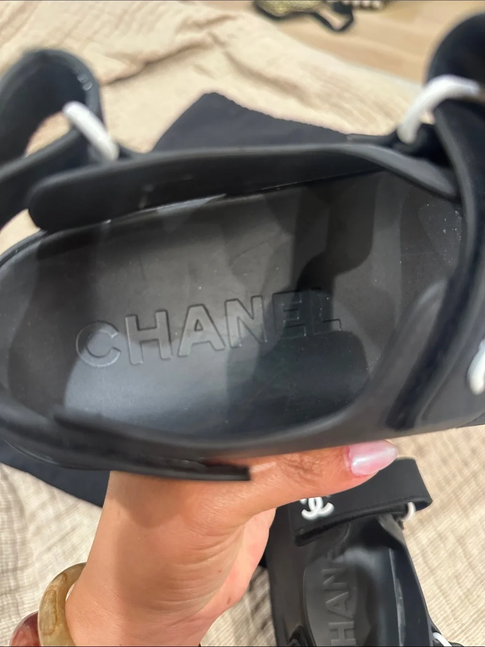 CHANEL Dad- Black Rubber Double-Strap Sandals